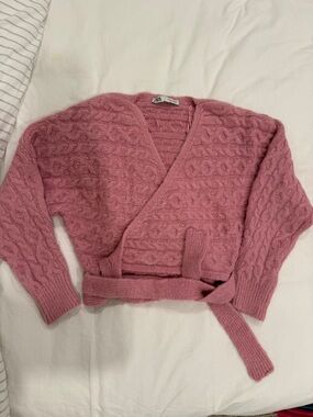 Zara Rose Pink Cable-Knit Wrap V-Neck Sweater